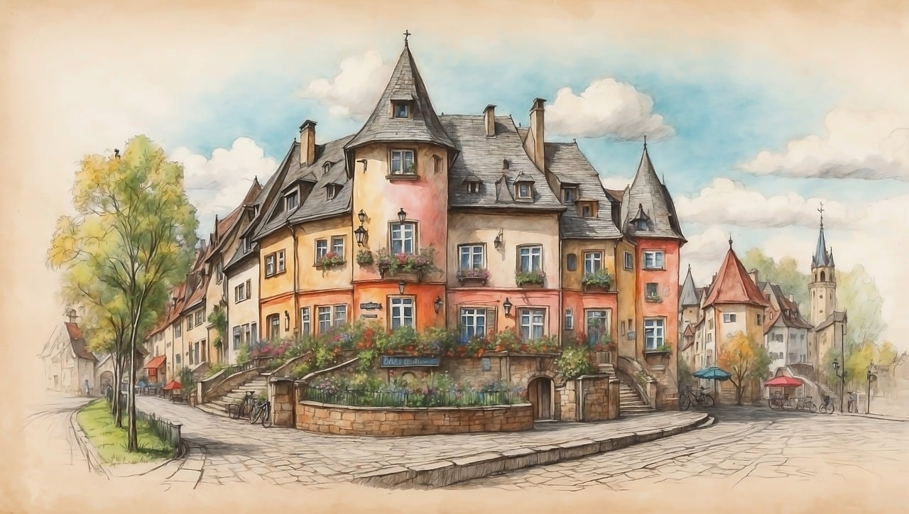 half-timbered buildings, watercolor painting, european street, cobblestone path, quaint architecture, flower boxes, picturesque village, old town, historic streetscape, detailed illustration, charming houses, peaceful scene, sky and clouds, rustic, traditional, artistic, serene, outdoor, classic, medieval, ai generated