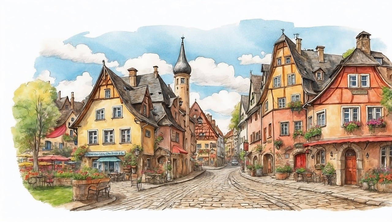 half-timbered buildings, watercolor painting, european street, cobblestone path, quaint architecture, flower boxes, picturesque village, old town, historic streetscape, detailed illustration, charming houses, peaceful scene, sky and clouds, rustic, traditional, artistic, serene, outdoor, classic, medieval, ai generated