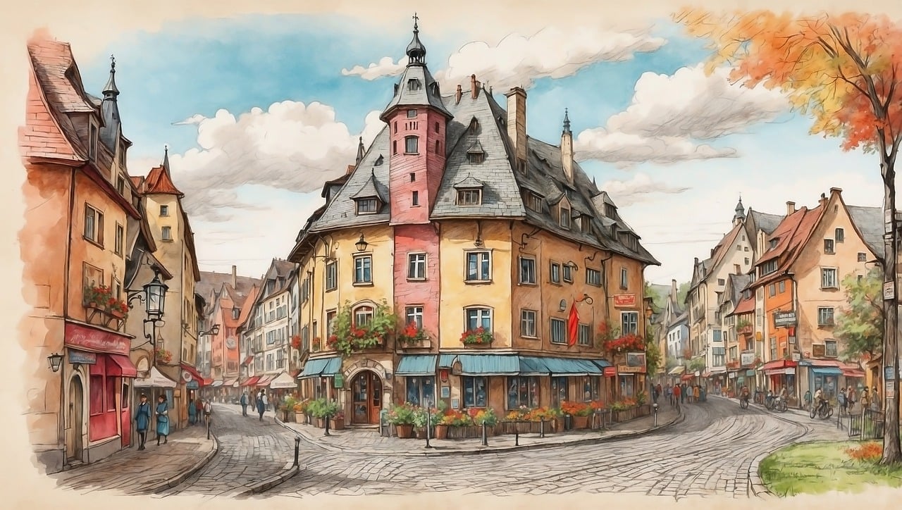 half-timbered buildings, watercolor painting, european street, cobblestone path, quaint architecture, flower boxes, picturesque village, old town, historic streetscape, detailed illustration, charming houses, peaceful scene, sky and clouds, rustic, traditional, artistic, serene, outdoor, classic, medieval, ai generated