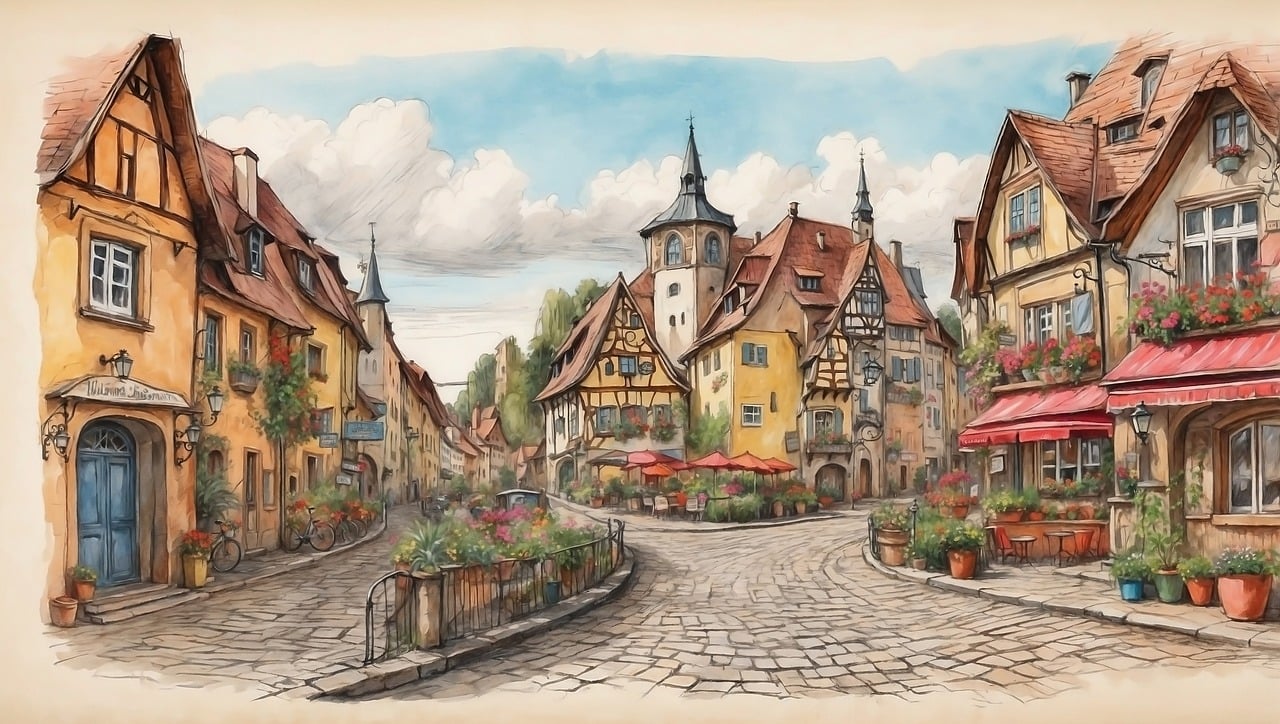half-timbered buildings, watercolor painting, european street, cobblestone path, quaint architecture, flower boxes, picturesque village, old town, historic streetscape, detailed illustration, charming houses, peaceful scene, sky and clouds, rustic, traditional, artistic, serene, outdoor, classic, medieval, ai generated