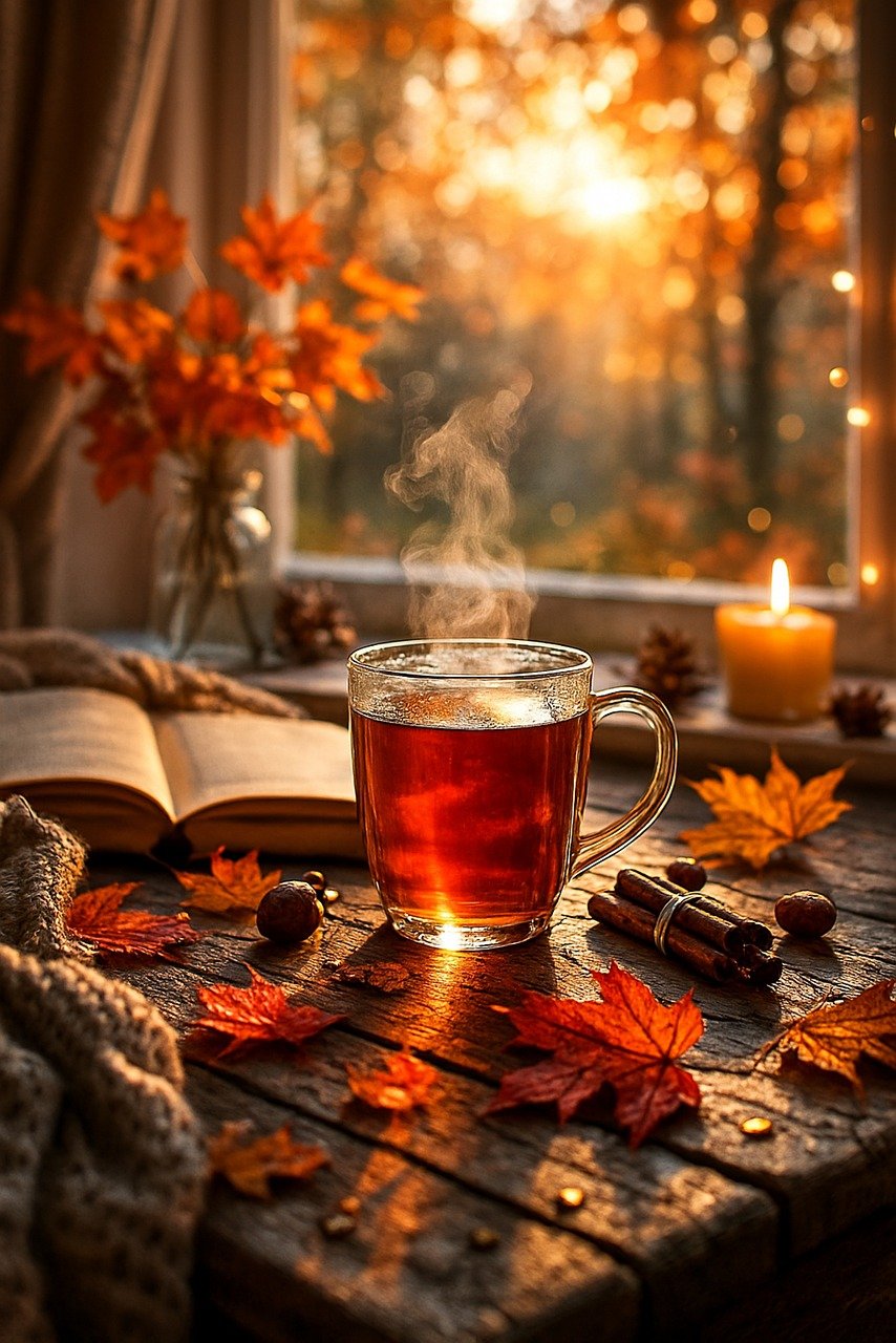 fall, nature, leaves, forest, landscape, season, trees, fall season, autumn colors, autumn leaves, multicoloured, maple leaves, maple, autumn pictures, autumn landscape, harvest time, background, carpet of leaves, rain of leaves, ai generated, tea, a book, candle, cinnamon stick