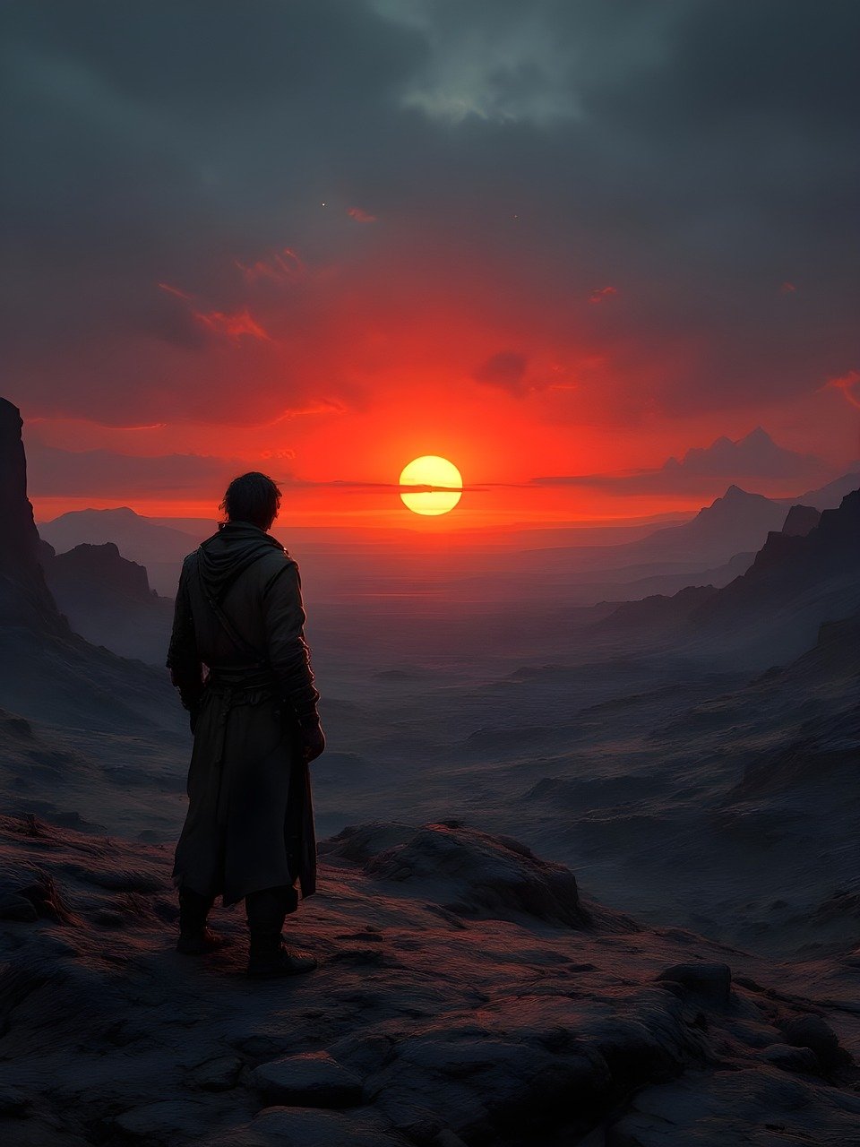 traveler, landscape, mountains, sunset, man, view, to oversee, nature, ai generated
