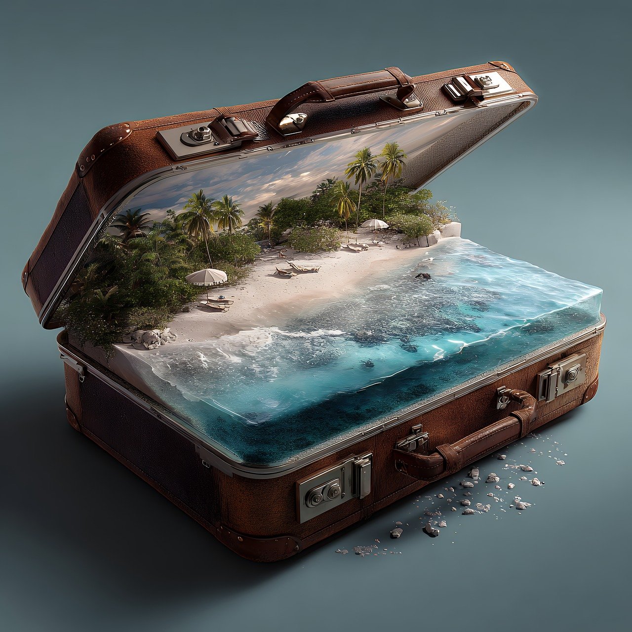 suitcase, beach, ocean, tropical, island, paradise, surreal, creative, vacation, travel, luggage, sand, waves, water, fantasy, magic, conceptual, imagination, vintage, leather, coastal, escape, dream, ai generated
