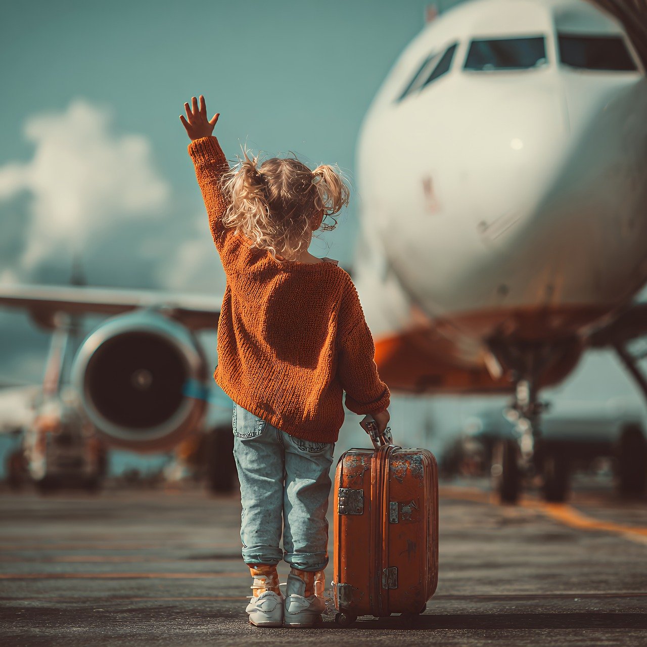 travel, airplane, airport, aviation, journey, adventure, wanderlust, luggage, suitcase, transportation, aircraft, commercial, passenger, terminal, departure, arrival, runway, orange, sweater, denim, jeans, casual, tourism, vacation, ai generated