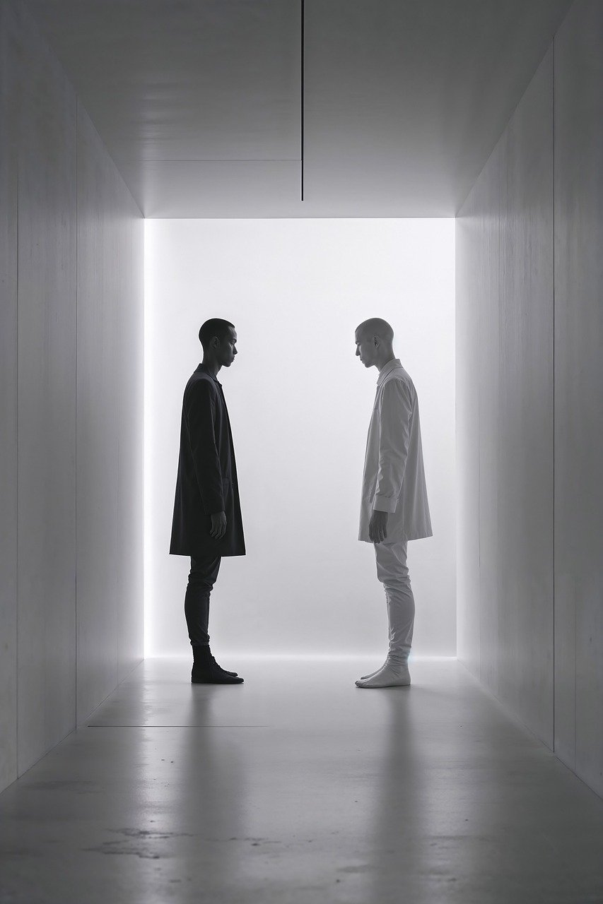 confrontation, duality, opposition, contrast, light, dark, man, reflection, corridor, modern, minimalist, encounter, mirror, two, figure, silhouette, futuristic, clean, perspective, tension, ai generated
