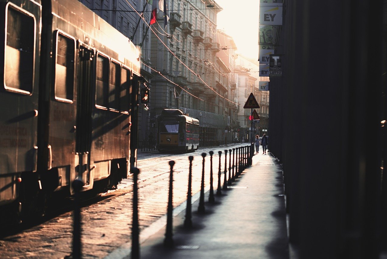 tram, milan, italy, city, streets, urban, traffic, buildings, nature, sun, street, intersection