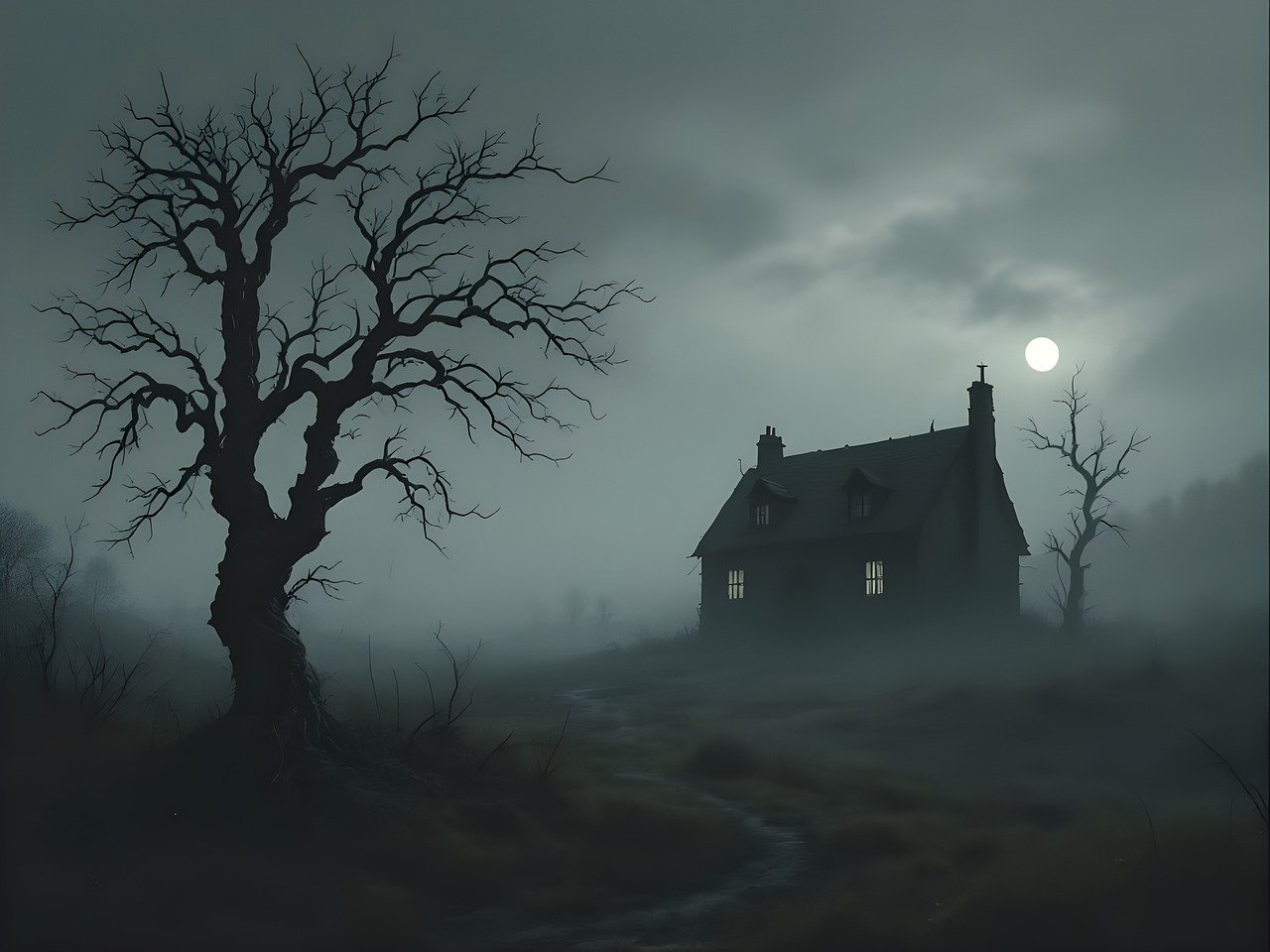 house, fog, moon, cold, chilly, landscape, nature, silence, vote, trees, bald, ai generated