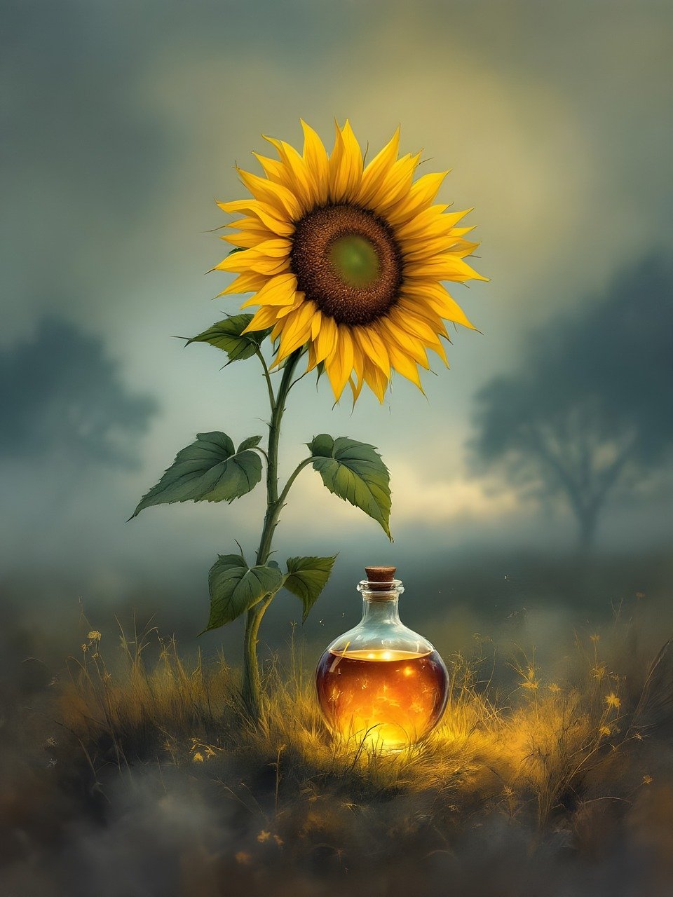 sunflower, sunflower oil, nature, landscape, hazy, trees, cloudy, bottle, ai generated