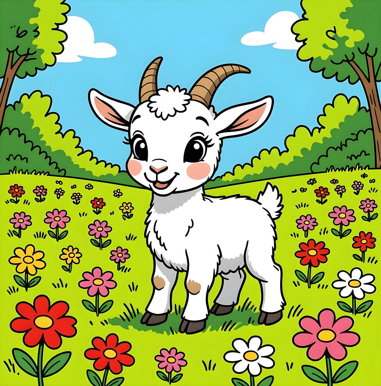 goat, animal, nature, mammal, horns, horned, livestock, pasture, meadow, farm, kid, fauna, baby, child, cute, adorable, cartoon, landscape, educational, ai generated