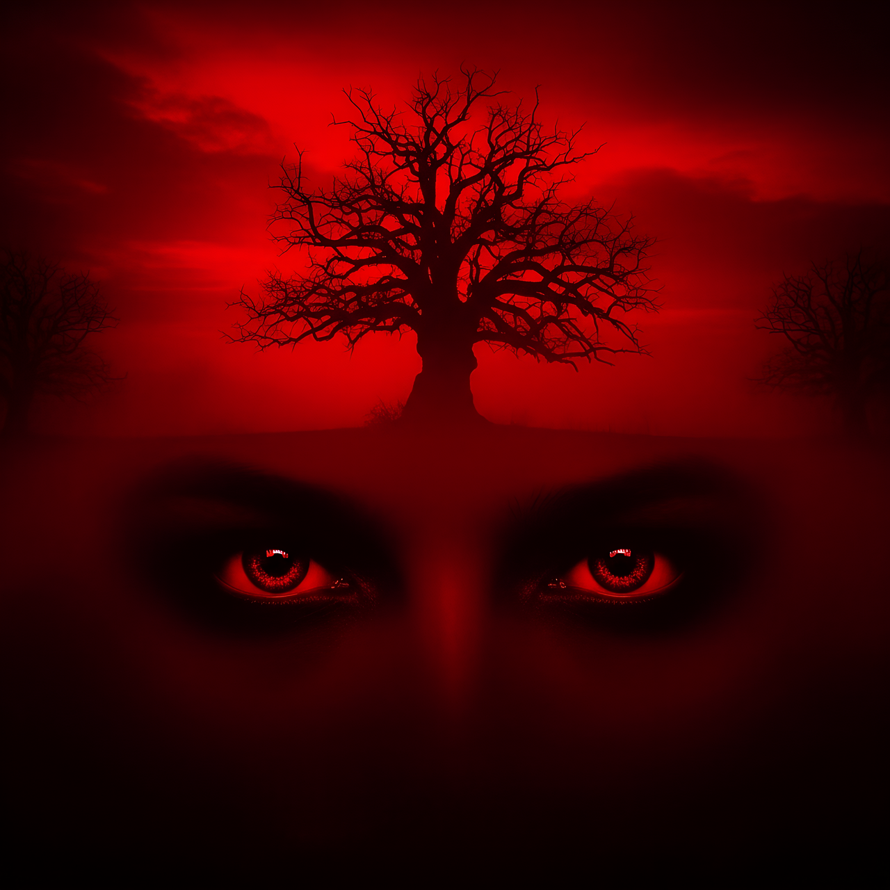 red, eyes, person, brows, tree, underground, dark, mystical, fantasy, mysterious, magic, twilight, ai generated