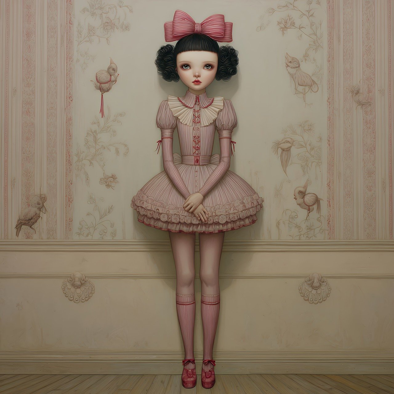 surreal, doll, fantasy, pink, dress, bow, vintage, wallpaper, artistic, gothic, victorian, whimsical, decorative, antique, pattern, pastel, standing, feminine, puppet, toy, animation, design, creative, fairytale, ai generated
