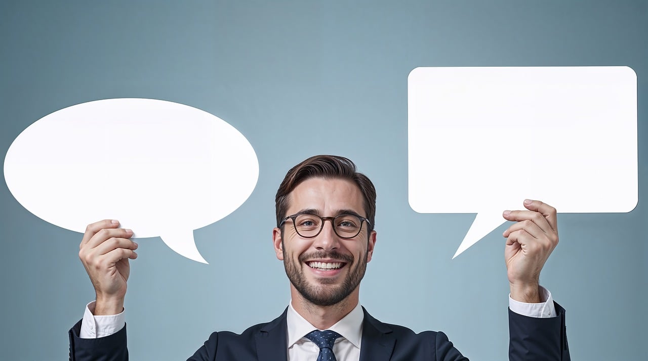 communication, ideas, dialogue, conversation, speaking, smiling, man, happy, glasses, suit, business, message, expression, opinion, talk, thought bubble, empty, blank, positive, confident, ai generated