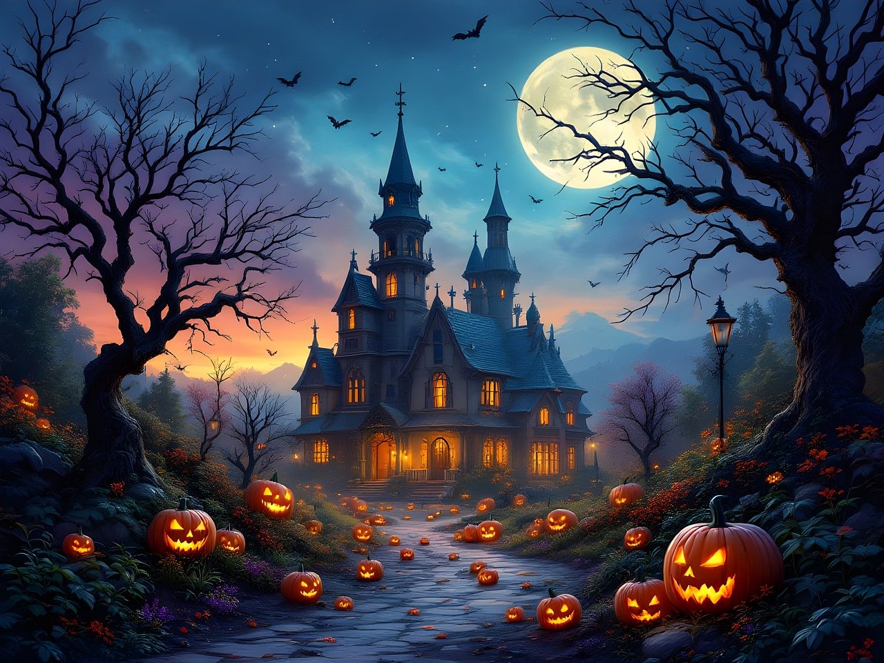 halloween, what fear was, october, autumn, pumpkins, house, path, trees, moon, ai generated