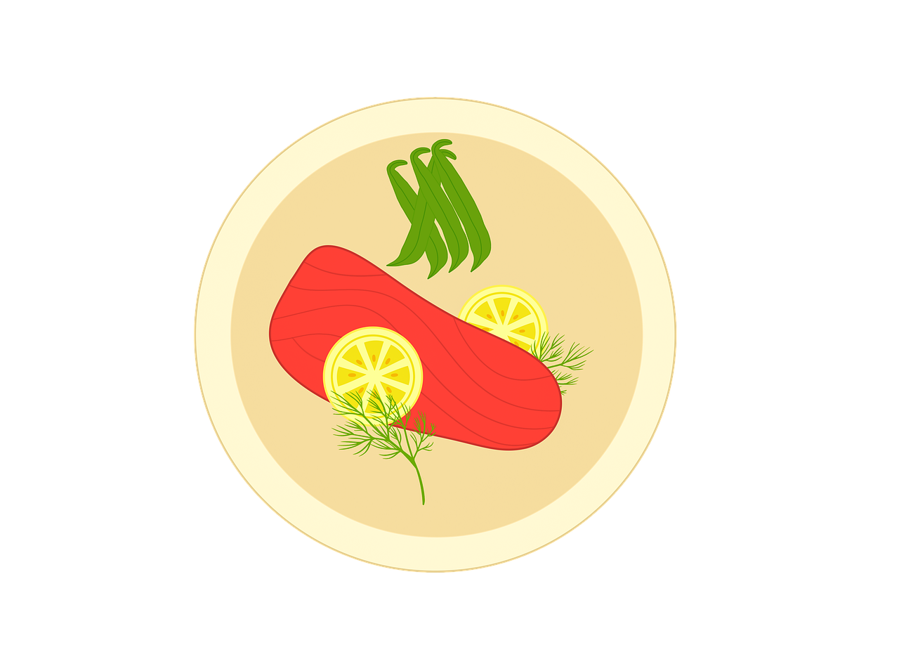salmon, plate, restaurant, green beans, lemon slice, dinning, food, healthy, dill, herb