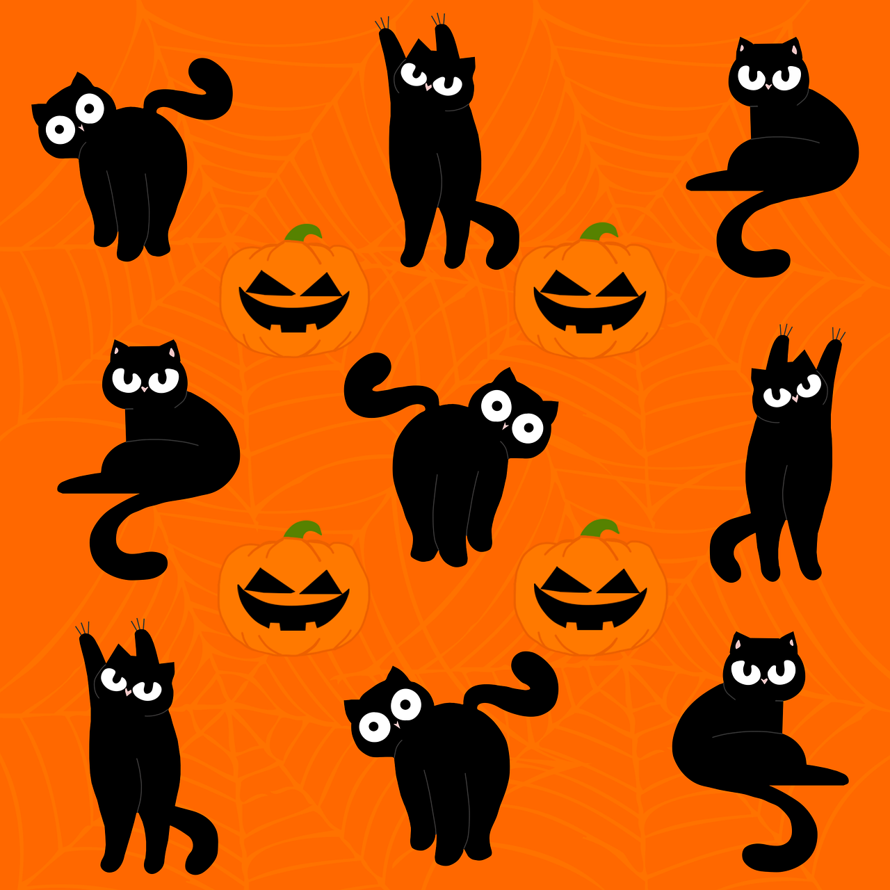 pattern, halloween, black cats, pumpkins, wallpaper, autumn, feline, design