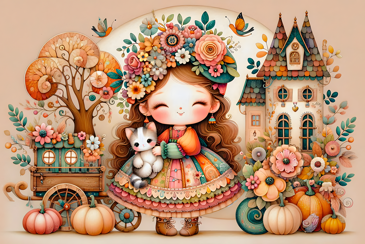 whimsical girl, autumn illustration, cute kitten, floral crown, fantasy artwork, fairy tale scene, enchanted house, cozy autumn, colorful dress, harvest pumpkins, storybook art, cottagecore aesthetic, magical garden, fantasy village, charming character, autumn flowers, folk art style, whimsical fantasy, playful design, cute artwork, ai generated