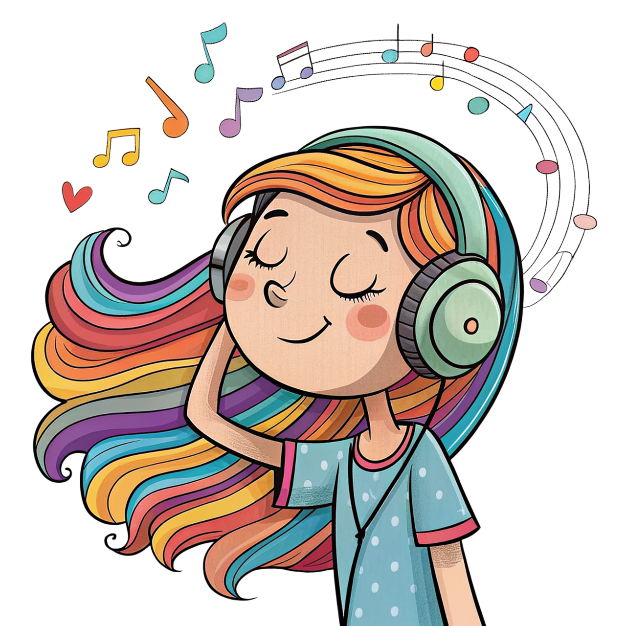 music, notes, melody, sound, headphones, listen, audio, girl, happy, childhood, ai generated