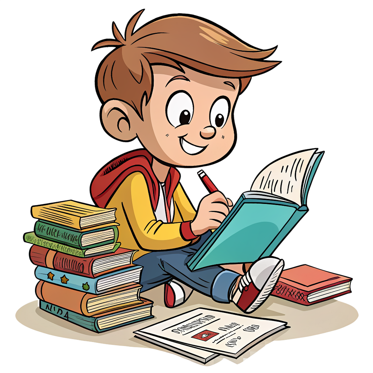 schoolboy, boy, teen, baby, education, lesson, cartoon, learn, preparation, knowledge, write, books, ai generated