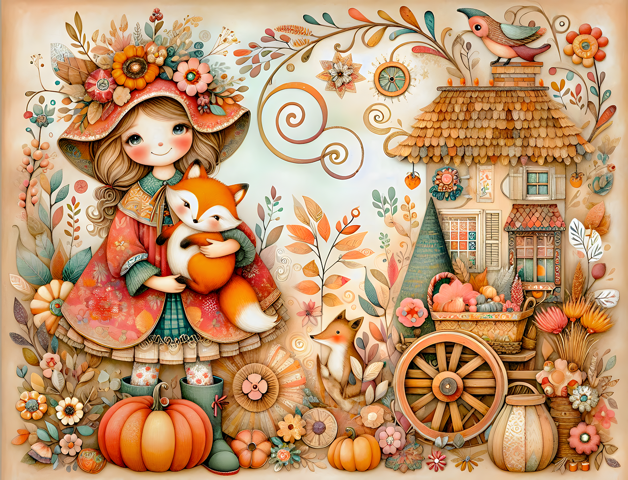 whimsical girl, autumn illustration, fox companion, fantasy artwork, floral hat, enchanted cottage, cozy autumn, harvest pumpkins, folk art style, woodland animals, magical garden, fairy tale scene, charming character, cottagecore aesthetic, autumn flowers, storybook art, fantasy village, rustic cart, playful design, whimsical fantasy, ai generated