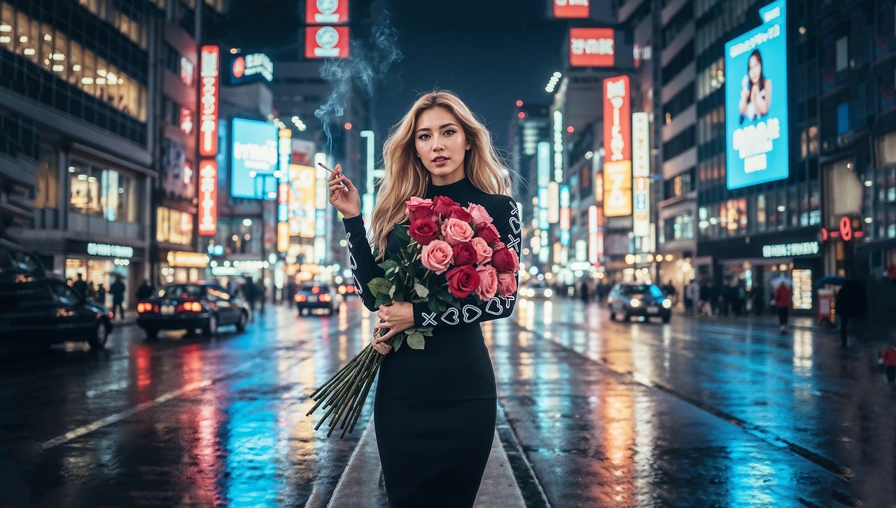 model, boquet, flowers, roses, city, urban, street, nature, night, ai generated