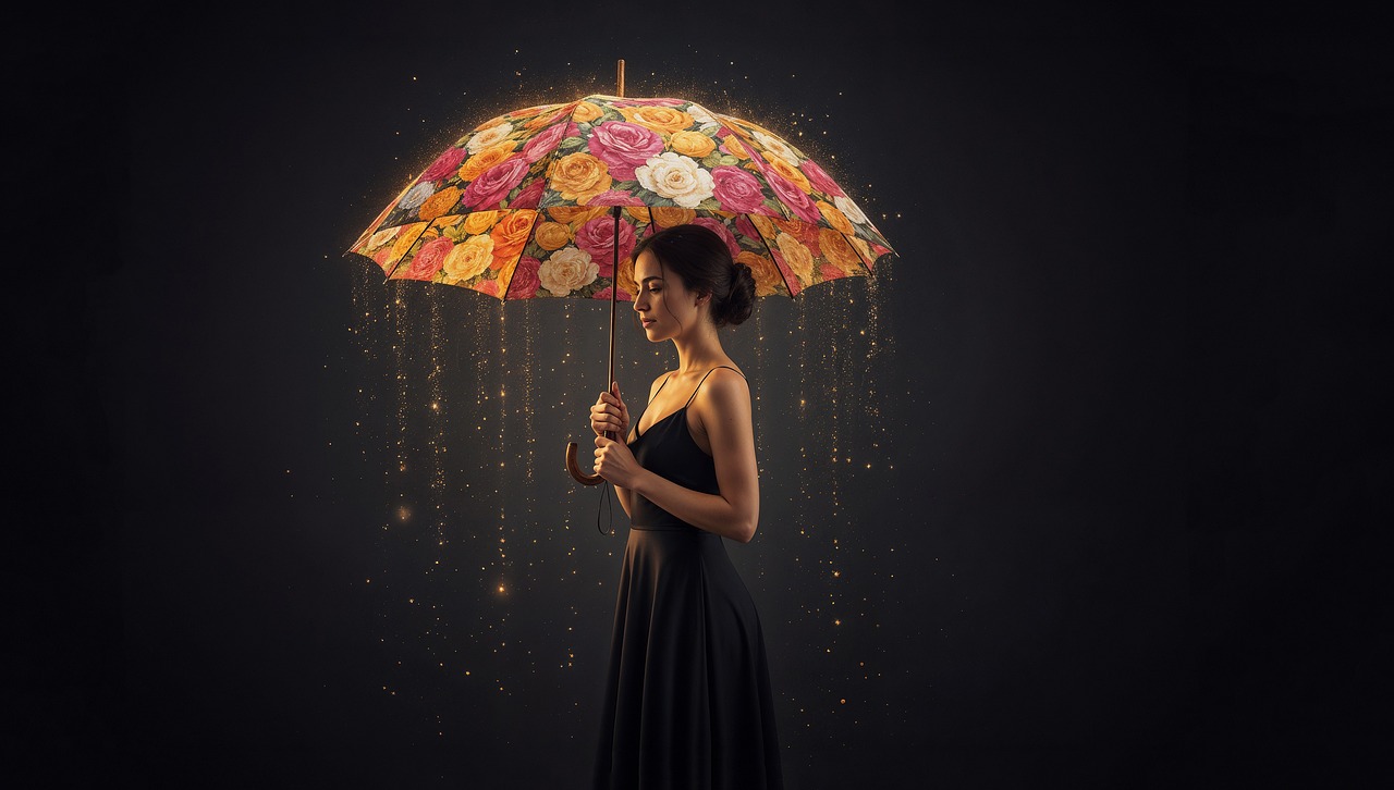 umbrella, glitter, woman, dark, roses, floral, ai generated