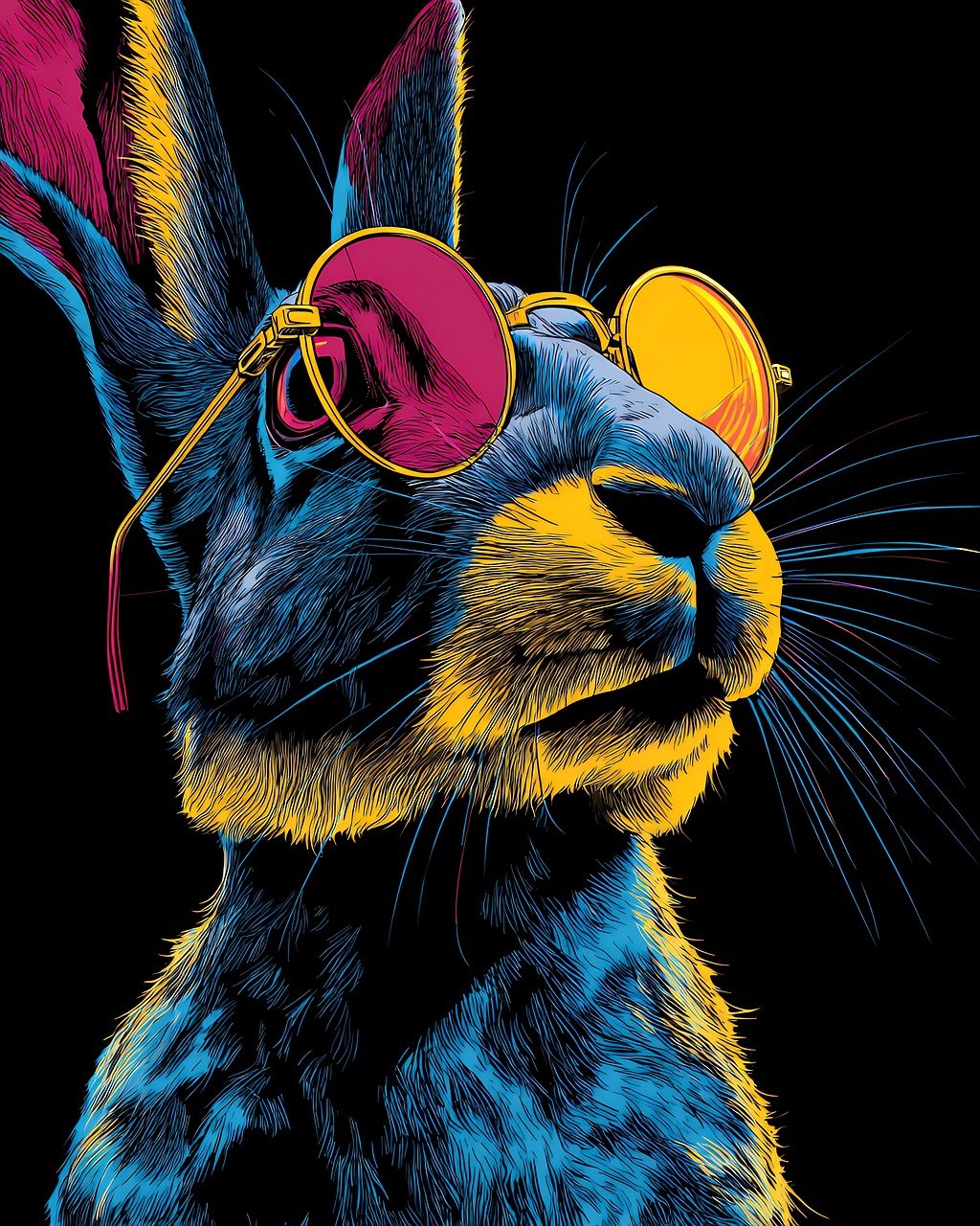 rabbit, animal, sunglasses, glasses, eyewear, pet, cool, funky, vibrant, colors, black, background, cartoon, drawing, funny, whimsical, playful, design, graphic, art, artistic, creative, modern, style, ai generated