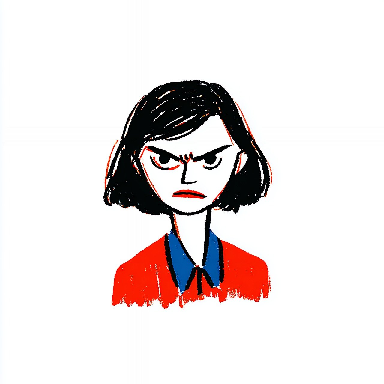 woman, angry, face, portrait, drawing, sketch, female, person, mad, upset, cartoon, character, expression, emotion, art, design, style, head, girl, young, adult, hair, black, red, ai generated