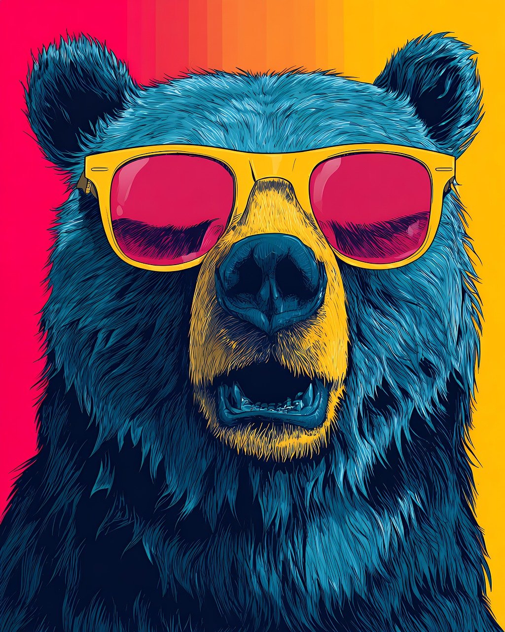 bear, nature, sunglasses, cool, animal, portrait, colorful, yellow, pink, orange, blue, mammal, wildlife, wild, face, art, design, graphic, drawing, fun, cute, funky, modern, hipster, fashion, ai generated