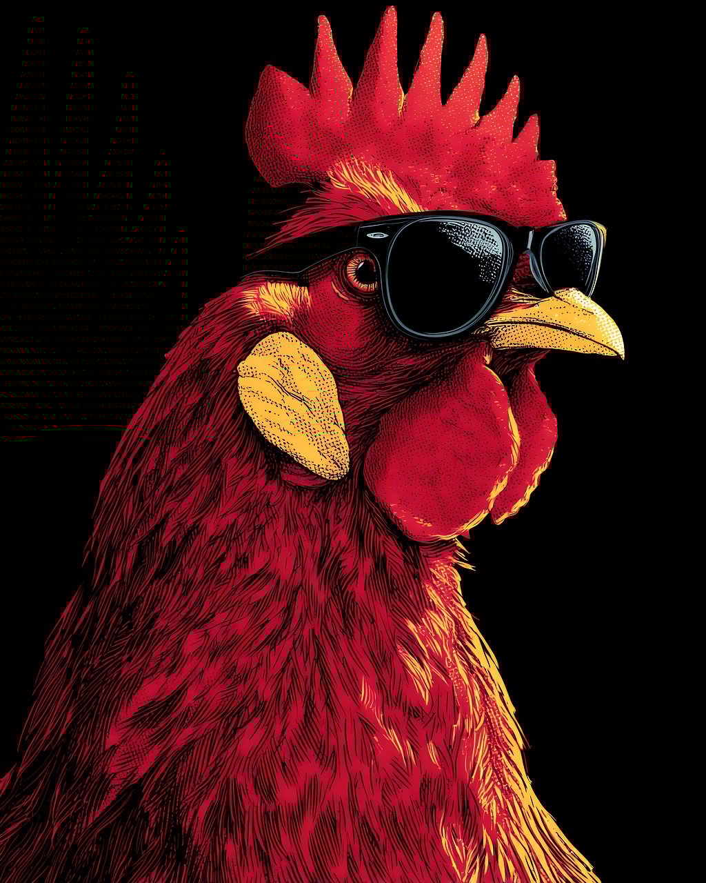rooster, chicken, sunglasses, bird, animal, fowl, farm, portrait, head, red, black, poultry, crest, beak, eye, wildlife, nature, funny, humorous, style, fashion, avian, domestic, livestock, ai generated