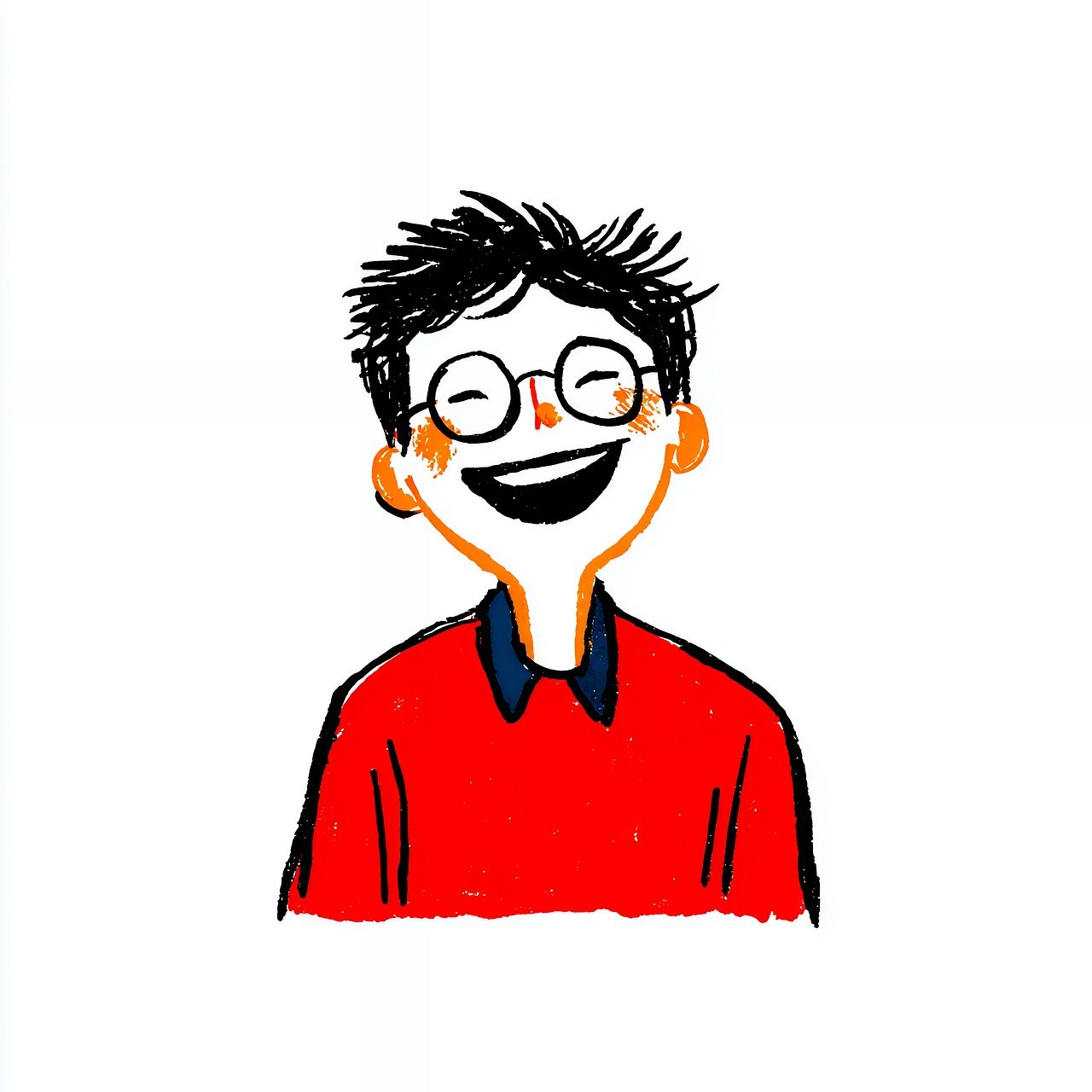 boy, glasses, smile, happy, cartoon, drawing, red, shirt, blue, collar, cute, person, portrait, cheerful, art, graphic, design, fun, isolated, white, background, character, style, face, ai generated
