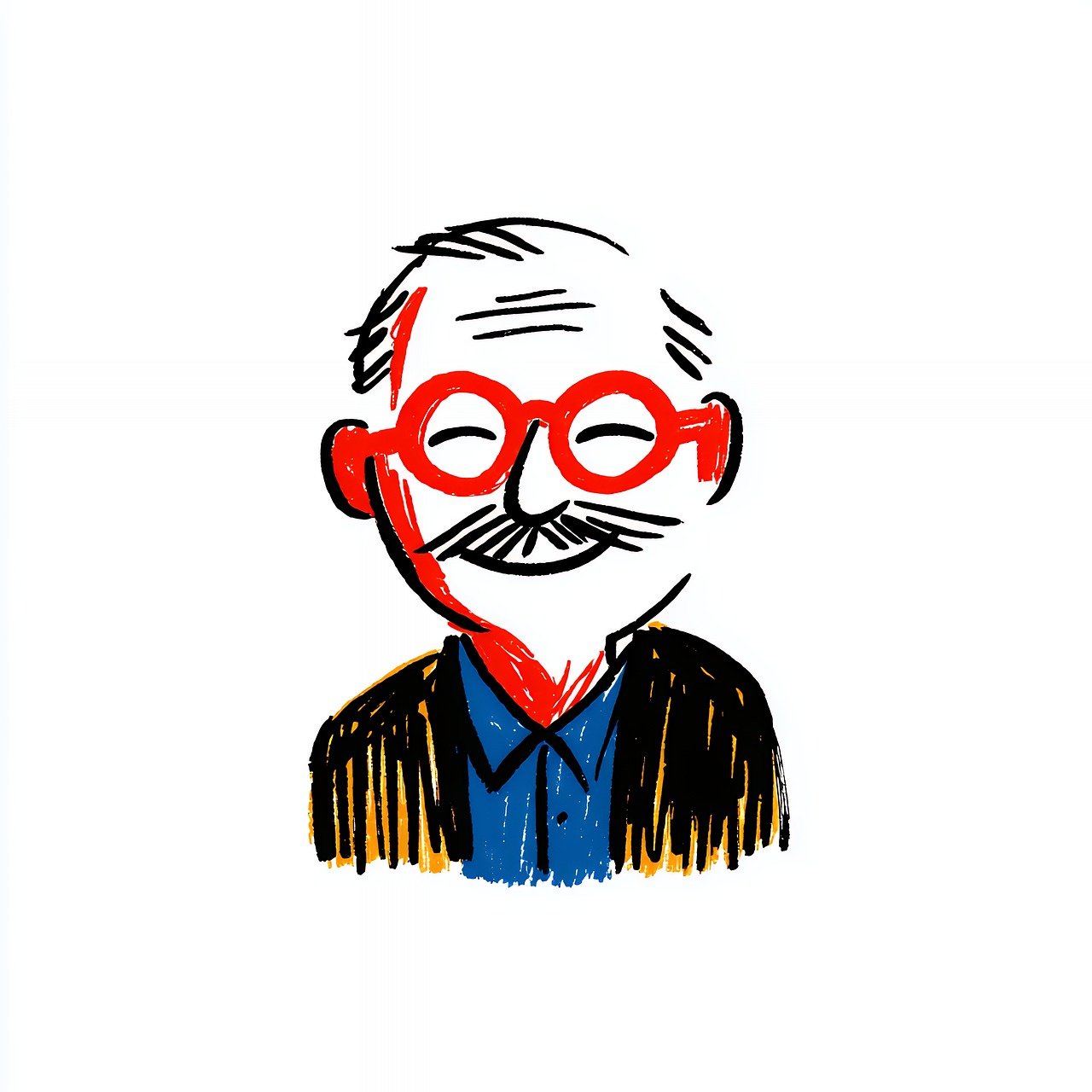 man, cartoon, drawing, glasses, older, portrait, face, smile, happy, cheerful, character, art, person, style, colorful, red, blue, white, design, graphic, simple, sketch, head, senior, ai generated