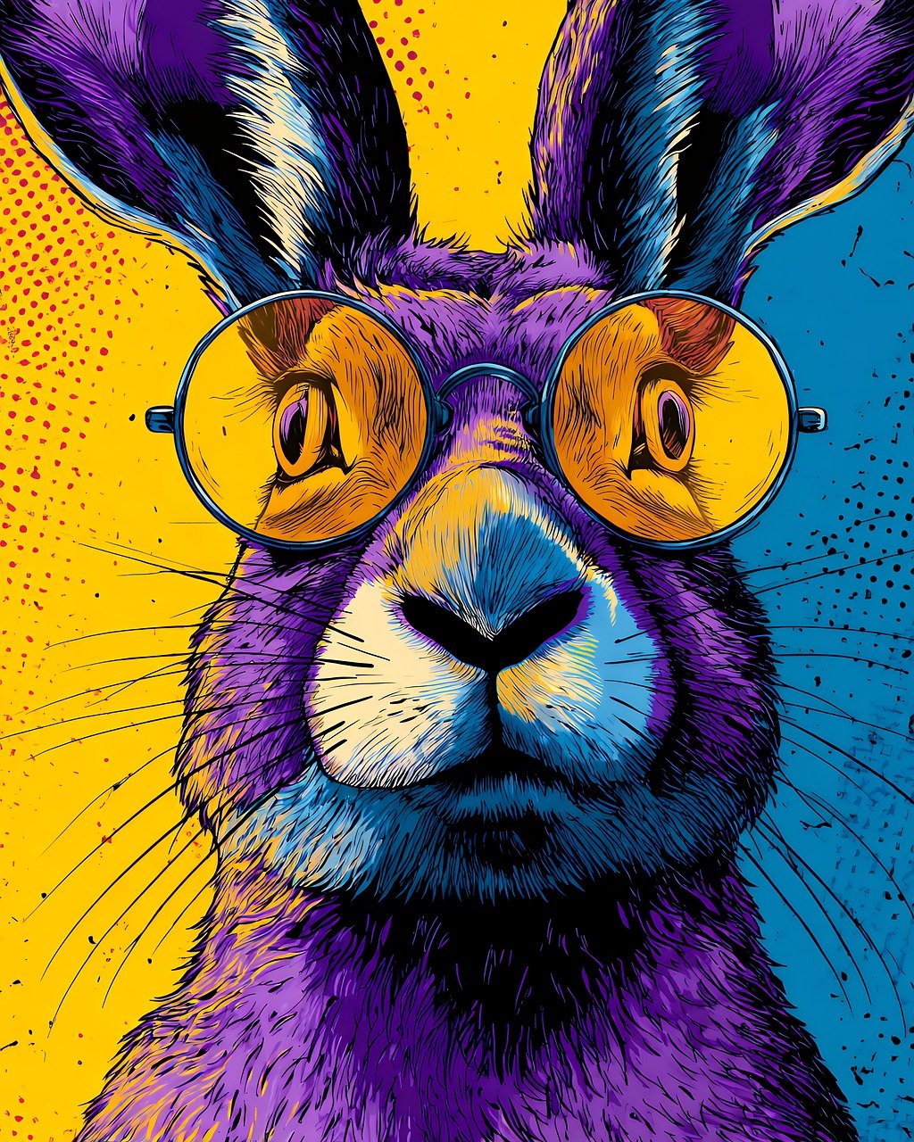 rabbit, animal, glasses, purple, yellow, art, drawing, colorful, weird, funny, quirky, easter, hare, mammal, nature, wildlife, portrait, face, head, eyewear, looking, staring, digital, design, creative, ai generated