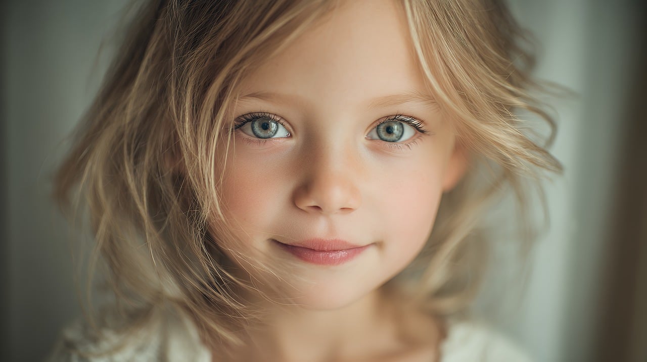 portrait, child, innocence, ethereal, dreamy, soft, natural, lighting, bokeh, gentle, artistic, childhood, youth, pure, tender, peaceful, sweet, innocent, light, blonde, hair, eyes, gaze, ai generated