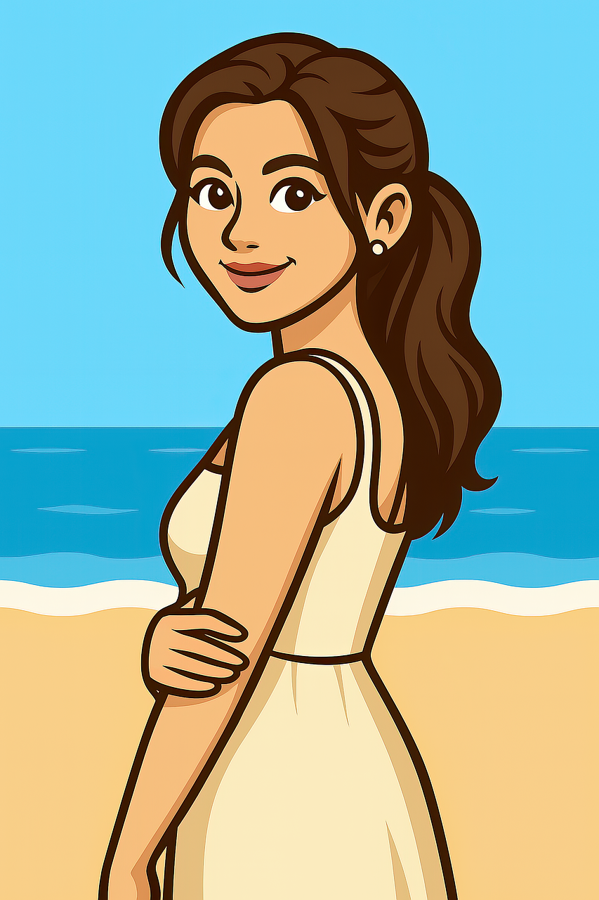 woman, girl, pose, female, beach, book cover, high resolution, cartoon, ai generated