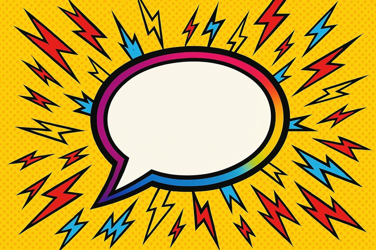 pop art, speech bubble, comic style, lightning bolts, halftone pattern, yellow background, cartoon, empty bubble, free speech, speaking, communication, presentation, ai generated