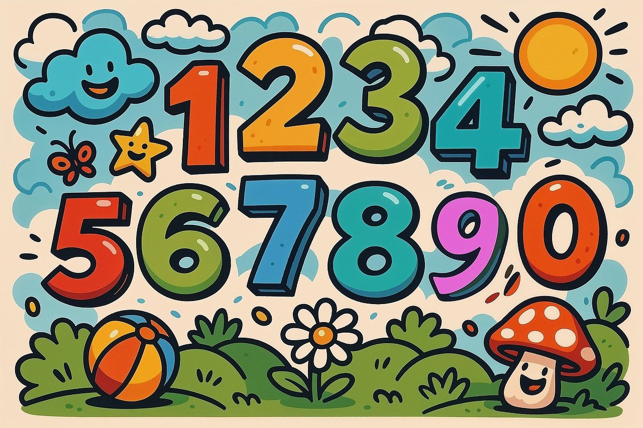 cartoonish, numbers, colorful, playful, cheerful, nature, whimsical, friendly, illustrated, children, bright, bold print, fun, animated, artistic, happy, lively, fantasy, drawing, ai generated