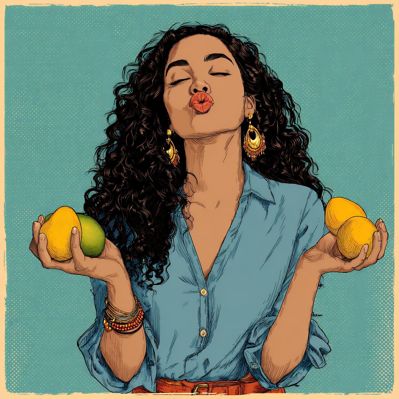 woman, fruit, mango, lemon, girl, lips, curly, hair, earrings, jewelry, bracelets, shirt, blouse, turquoise, background, pose, portrait, expression, female, person, beauty, beautiful, style, fashionable, ai generated
