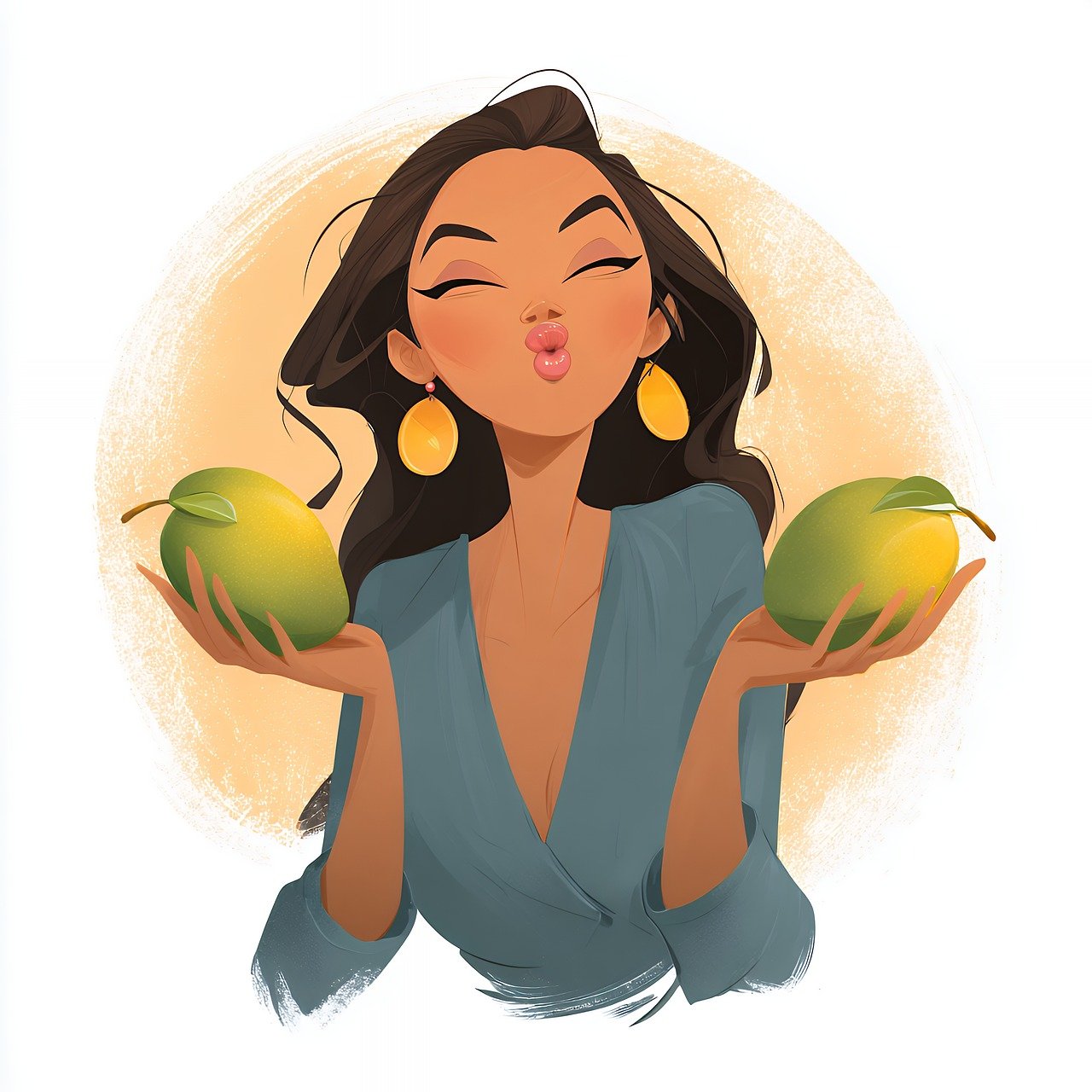 woman, mango, fruit, food, happy, tropical, cheerful, smile, girl, nature, person, holding, two, cartoon, yellow, green, summer, healthy, sweet, diet, nutrition, exotic, juicy, portrait, earrings, ai generated