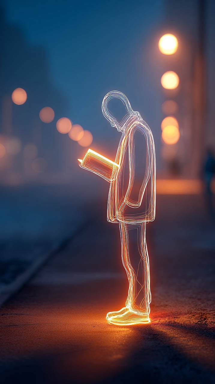 man, reading, glow, dark, light, street, person, standing, night, mysterious, abstract, silhouette, male, neon, city, urban, blur, background, evening, sidewalk, alone, loneliness, solitude, thoughtful, ai generated