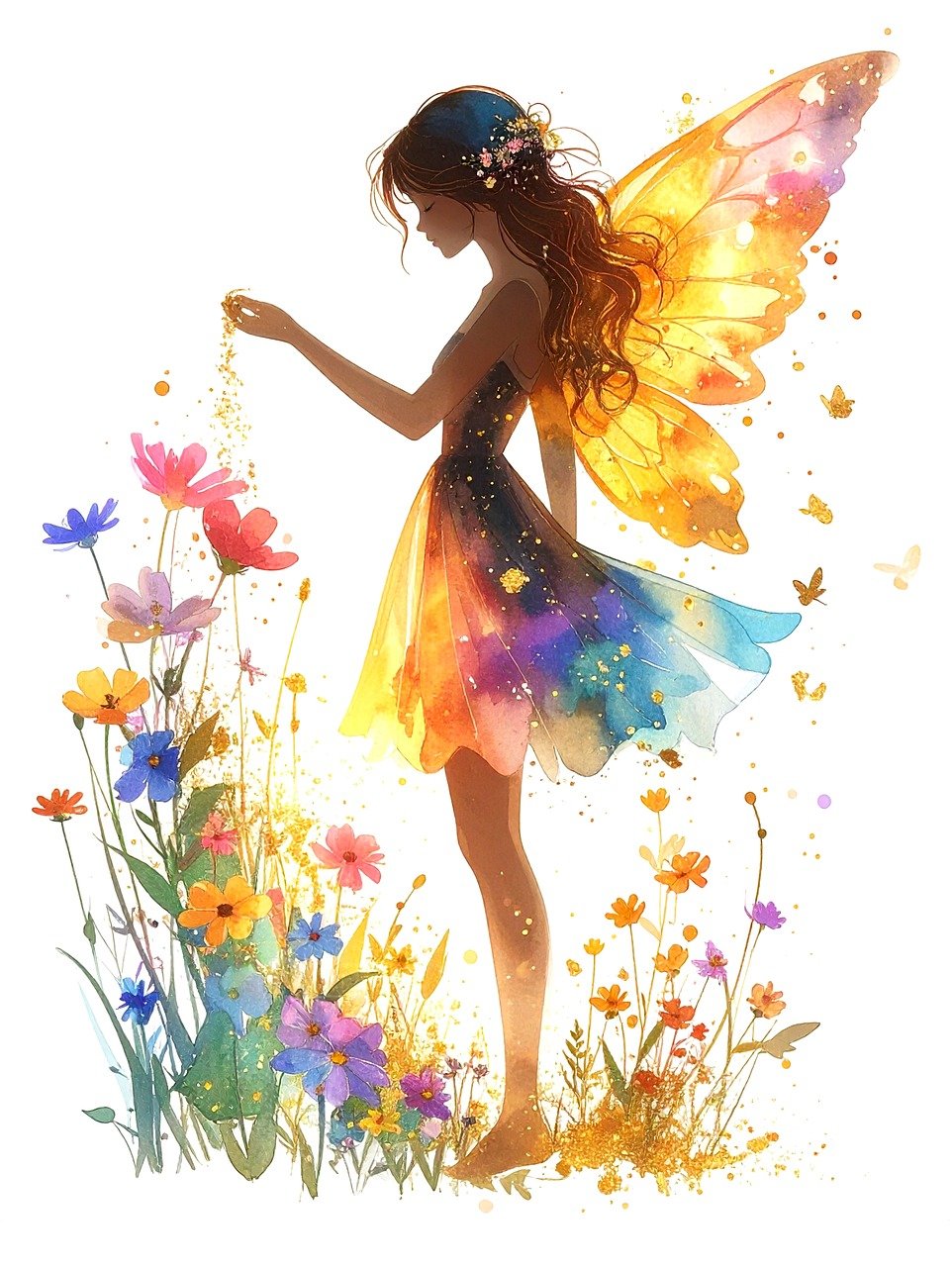 fairy, silhouette, flower, fairy dust, nature, magic, fantasy, female, blossom, bloom, wing, background, cut out, ai generated