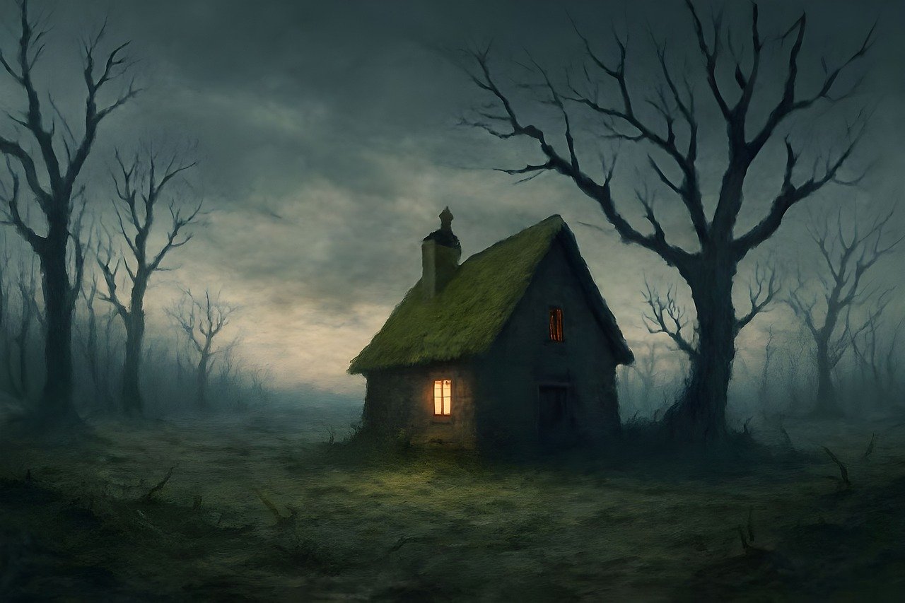house, remote, landscape, trees, arid, sinister, dark, eng, ai generated