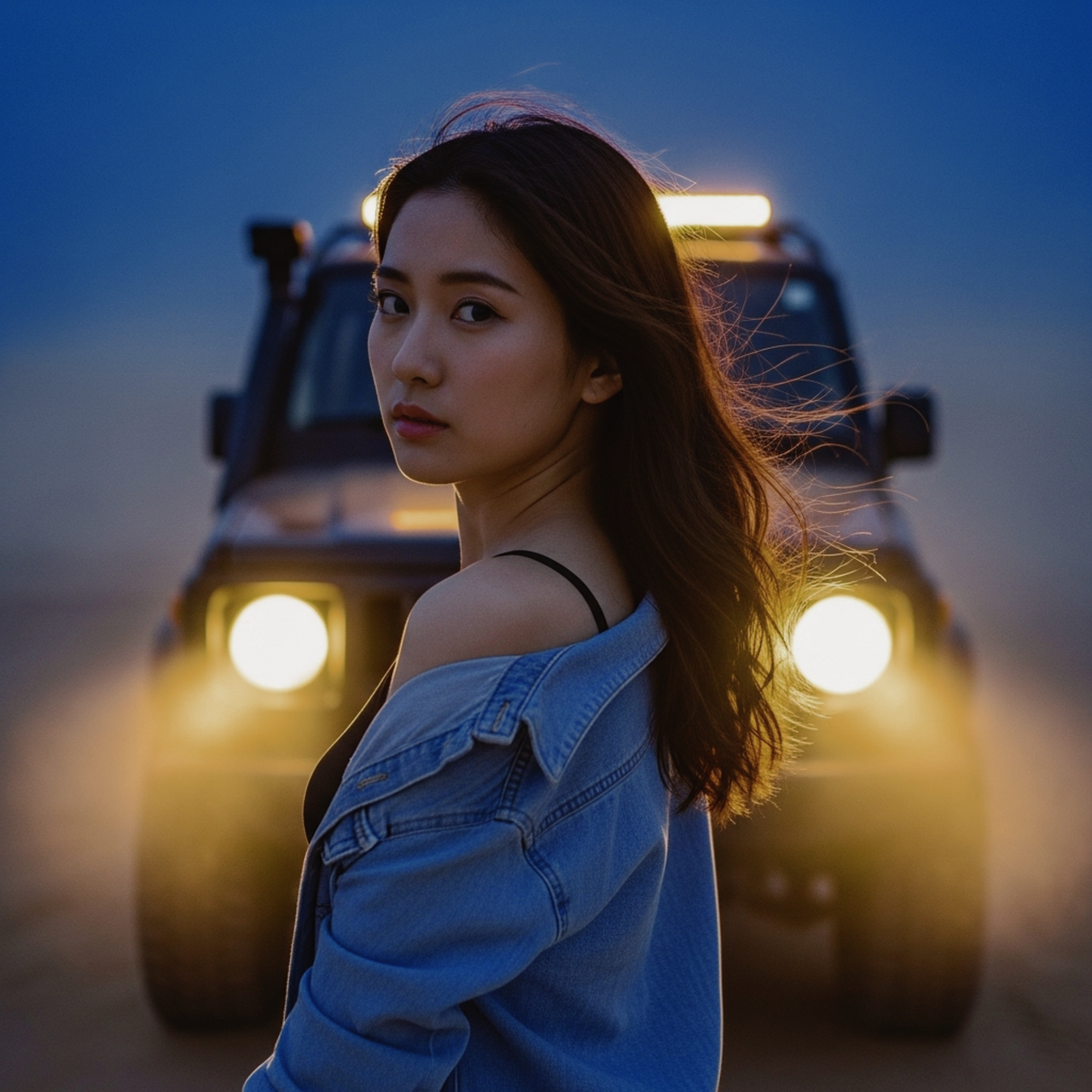 ai, woman, female, desert, nature, automobile, car, sand