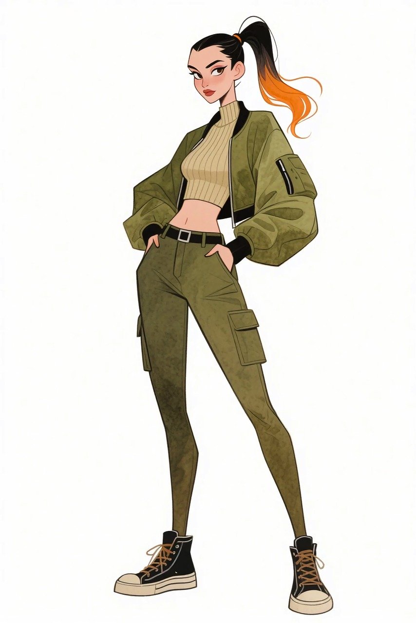 fashion illustration, stylish woman, military style, bomber jacket, crop top, cargo pants, casual chic, confident pose, urban fashion, character design, ponytail hairstyle, sporty look, modern outfit, trendy girl, fashionista, digital illustration, cartoon style, chic outfit, stylish sneakers, cool character, contemporary fashion, edgy style, fashion art, confident woman, ai generated