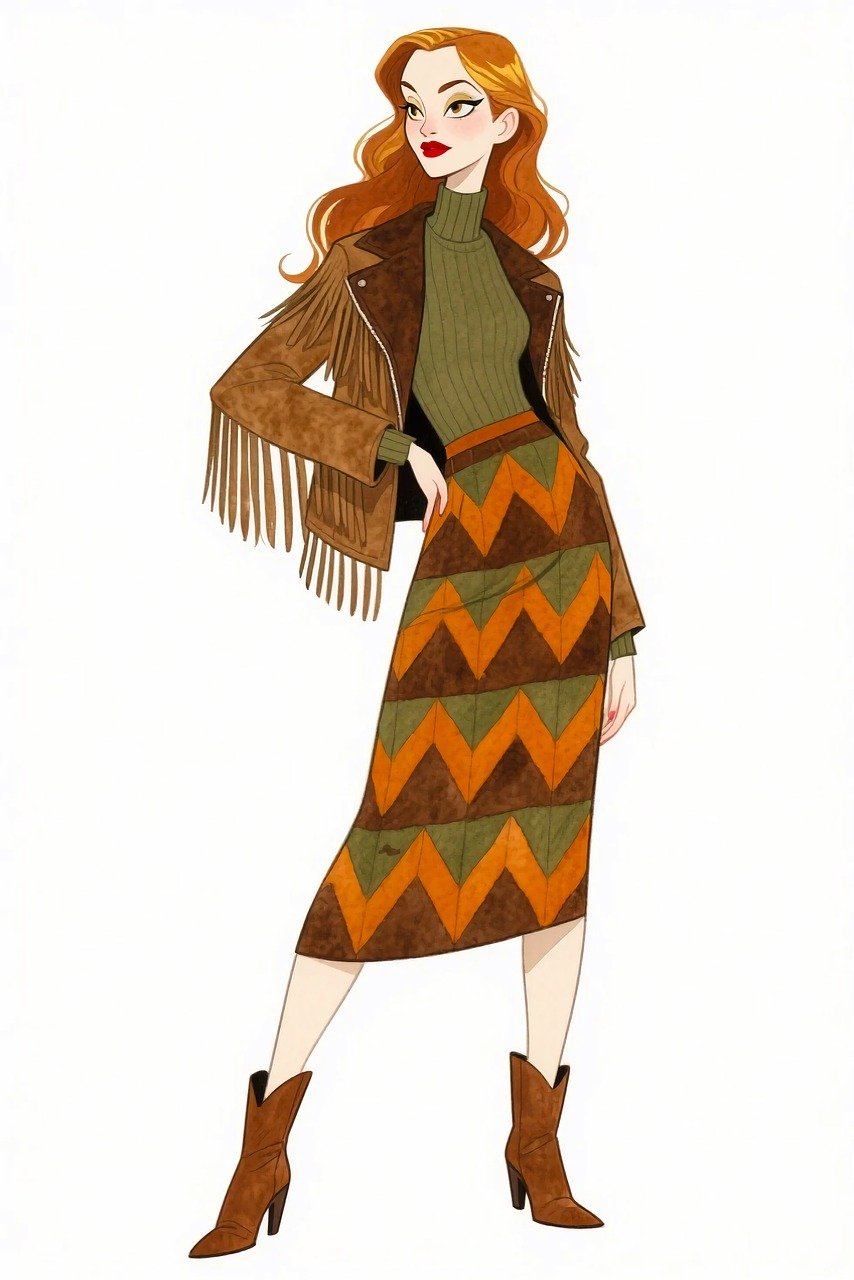 ilustrație de modă, femeie elegantă, stilul retro, moda boho, jachetă cu franjuri, fustă vintage, tinuta de toamna, cizme elegante, designul caracterelor, frumusețe cu păr roșu, modă șic, fustă cu model, moda de toamna, ilustrație digitală, stilul de desene animate, aspect elegant, femeie la modă, modă rustică, poză încrezătoare, tonuri pământii, tinuta eleganta, doamna eleganta, arta modei, stil sofisticat, ai generat