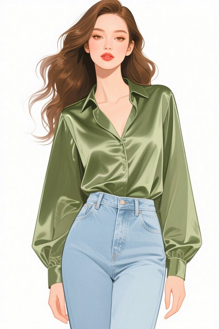 stylish woman, green blouse, satin shirt, denim jeans, casual chic, modern fashion, elegant woman, fashionable woman, relaxed style, trendy outfit, character design, digital illustration, everyday fashion, fashionista, chic elegance, street style, youthful look, stylish outfit, casual elegance, fashion art, simple chic, stylish model, timeless casual, graceful woman, ai generated