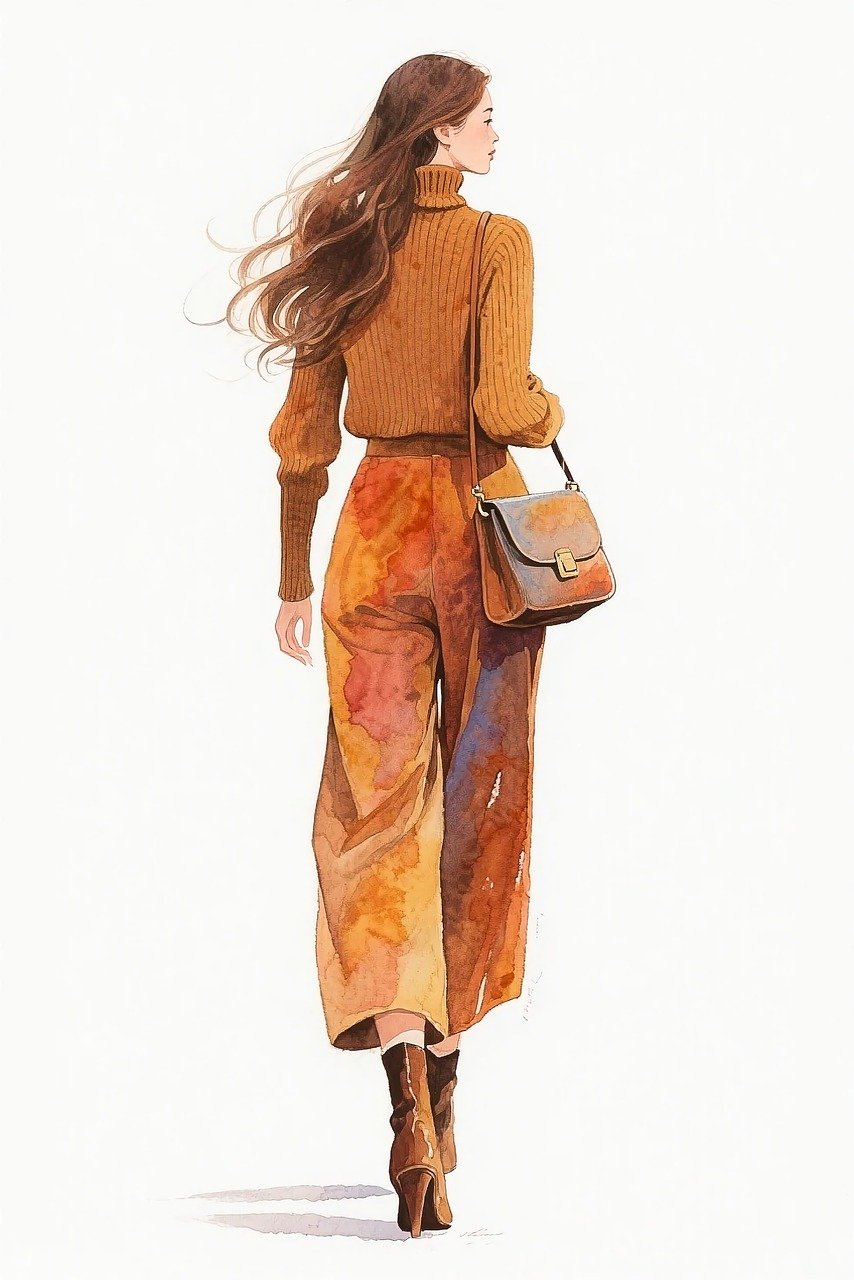 fashion illustration, watercolor, elegant woman, autumn outfit, stylish, fashion art, walking woman, street fashion, minimal background, artistic illustration, modern fashion, watercolor painting, trendy outfit, high heels, long hair, sophisticated, fashion design, illustration art, urban chic, classy woman, bohemian touch, fall fashion, handbag, graceful, ai generated