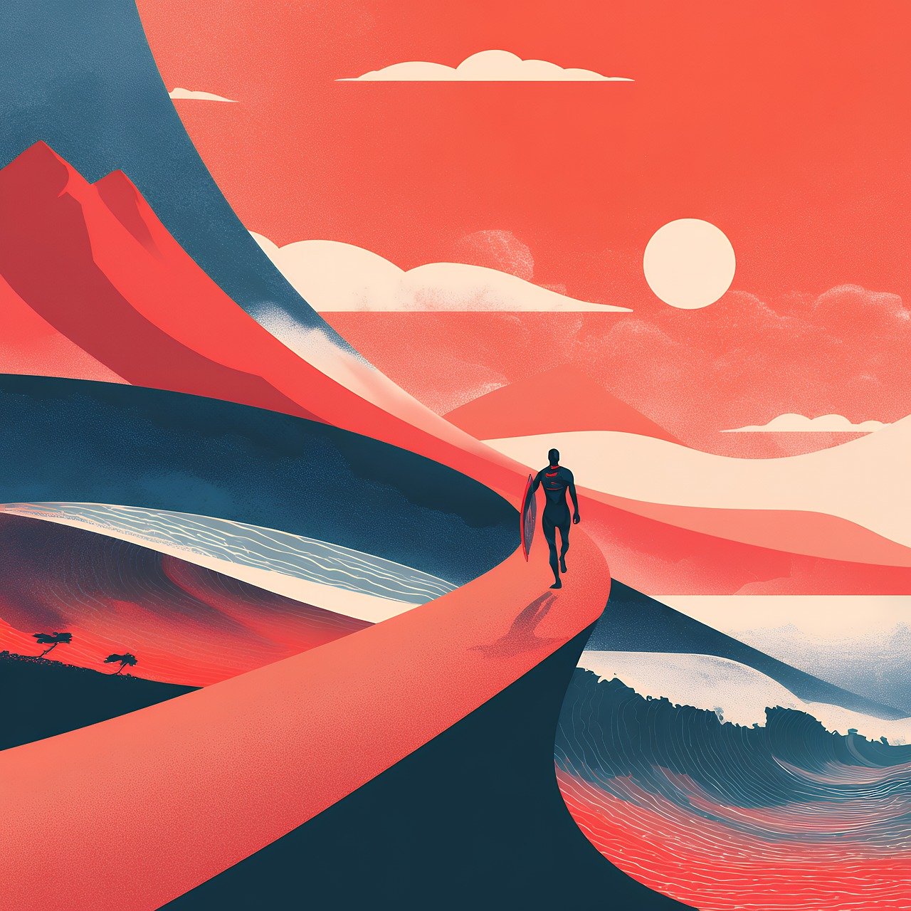 surfer, ocean, sunset, beach, surf, water, sea, man, silhouette, board, sky, sun, landscape, travel, nature, summer, vacation, sport, person, horizon, clouds, coastline, adventure, outdoor, ai generated