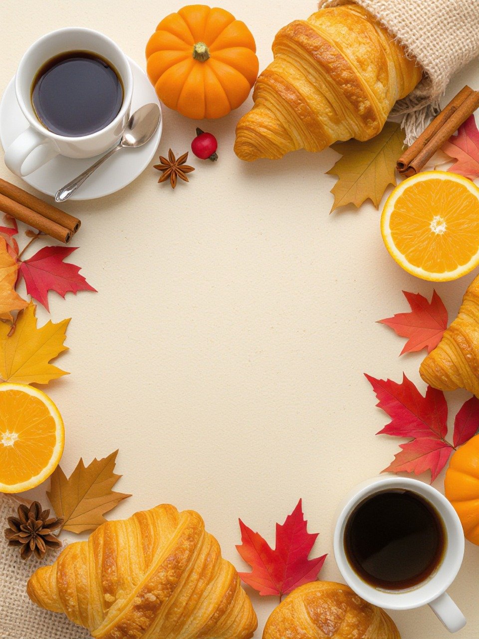fall, nature, leaves, season, fall season, autumn colors, leaves in the autumn, multi coloured, maple leaves, maple, branch, autumn pictures, autumn landscape, harvest time, background, carpet of leaves, rain of leaves, ai generated, coffee, orange, cinnamon stick, croissant, zimtstern