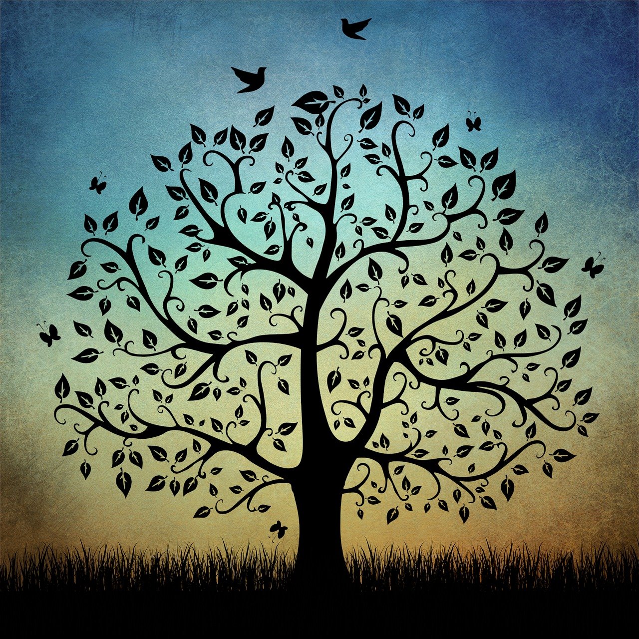 tree, nature, branches, leaves, landscape, birds, wildlife, fauna, flying, butterflies, insect, summer, spring, sunset, dusk, twilight, sky, scenery, silhouette, copy space
