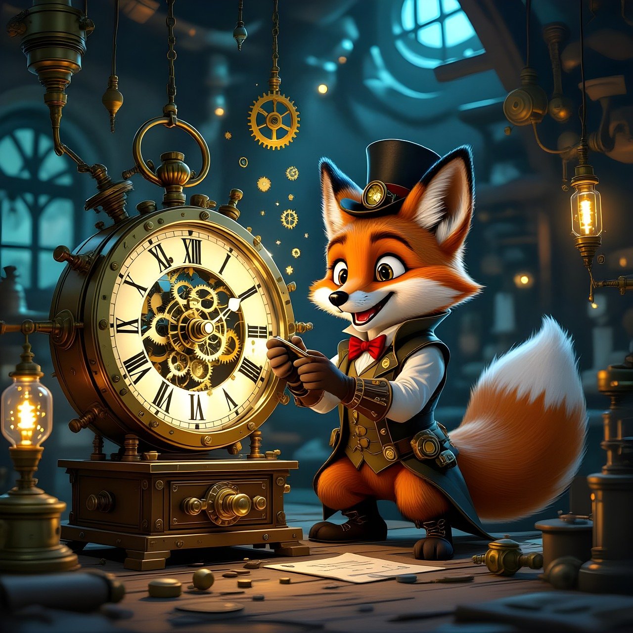 fox, animal, nature, wildlife, mammal, predator, fauna, steampunk, gear, clock, time, machine, fantasy, laboratory, research, lab, science, scientist, experiment, technology, era, cute, cartoon